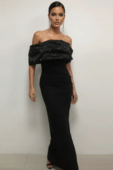 rosemary Black Pearl Embellished Draped strapless maxi dress