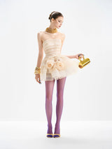 coral off-shoulder layer trim flower mini dress in apricot