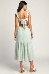 Mint Smocked Tie-Back Tiered Midi Dress