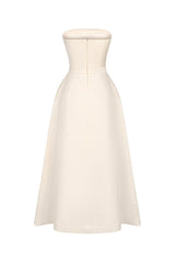 STRAPLESS STRAIGHT NECK MIDI DRESS IN CREAM WHITE