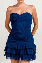 pleated ruffle hem mini dress in blue
