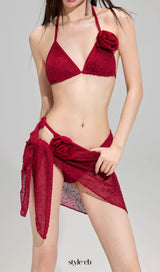 Darina Red Flower Sequin Three-Piece Swimsuit
