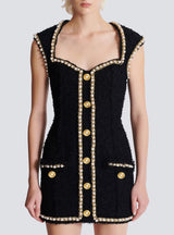 amanda black Tweed mini dress with pearl trim