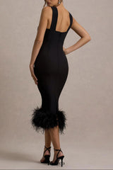 jenny Black Twist-Neck Feather Hem Midi Dress