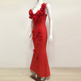 candice one-shoulder flower bodycon maxi dress in red