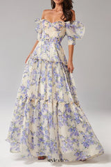 Hydrangea print Voluminous Sleeves maxi Dress in blue