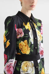 bernice rose print shirt midi dress in black