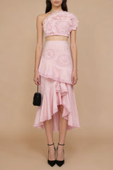 nina Ruffled strapless top floral embroidered mermaid skirt set - pink