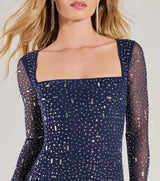 amanda navy Long Sleeve Rhinestone Mesh Mini Dress