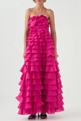 cathy Pleated layer strapless maxi dress in rose red