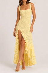 Irregular ruffled lace patchwork high slit slip maxi dress - yellow