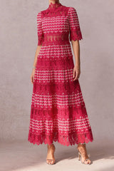 simona Embroidered Lace Midi Dress in red