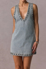 Daphné blue crystal sleeveless denim mini dress