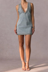 Daphné blue crystal sleeveless denim mini dress