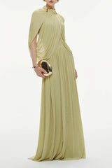 leona Green Draped Cape Sleeve Knit Maxi Dress