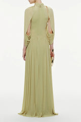 leona Green Draped Cape Sleeve Knit Maxi Dress