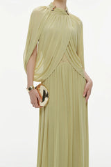 leona Green Draped Cape Sleeve Knit Maxi Dress