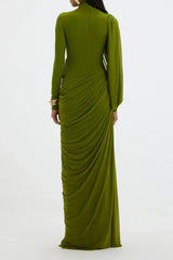 liz High Neck Asymmetric Drape ruched Maxi Dress in green