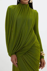 liz High Neck Asymmetric Drape ruched Maxi Dress in green