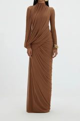 liz High Neck Asymmetric Drape ruched Maxi Dress in brown