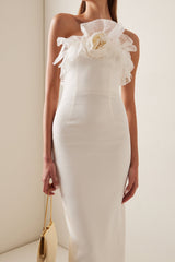 Ruffled Silk strapless Midi Dress in beige