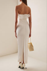 Ruffled Silk strapless Midi Dress in beige