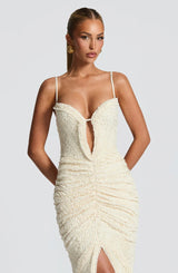 slit pleated bodycon maxi dress in kahki