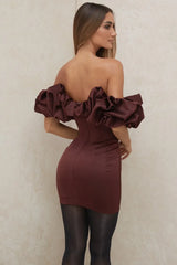 burgundy satin ruffle strapless mini dress