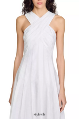 High crossover V-neck pleated maxi dress in white