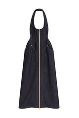 haltered corseted midi dress denim in navy blue