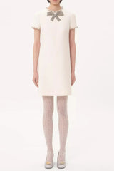 jocelyn rhinestone Embroidered Crepe mini Dress in ivory