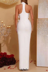 celeste 3d flower halter high slit backless maxi Dress in white