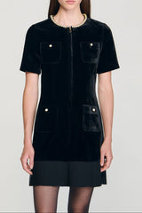 Pearl-trimmed collar zipper velvet pleated dress in black