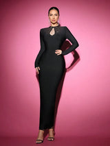 sara Black Mesh Rhinestones Embellished Bodycon Bandage maxi dress