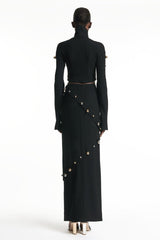 Button-embellished cotton-jersey top maxi skirt suit in black