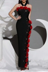 sebastiane Halterneck Flower Bandage Maxi Dress in black
