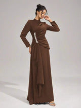 beulah Long sleeves with beading pleated maxi dress in brown