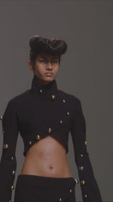 Button-embellished cotton-jersey top maxi skirt suit in black