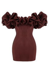 burgundy satin ruffle strapless mini dress