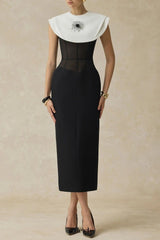 bernice black sleeveless Midi Dress With White Cape