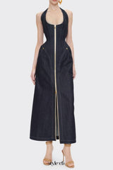 haltered corseted midi dress denim in navy blue