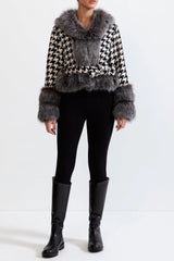 natividad Houndstooth Wool Belted Coat with Fur