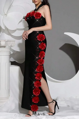 sebastiane Halterneck Flower Bandage Maxi Dress in black