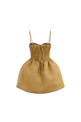 rita pleated slim puffy mini dress in camel