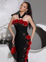 sebastiane Halterneck Flower Bandage Maxi Dress in black