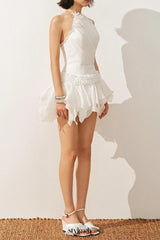 astrid Halter neck 3D flower lace puffy mini dress in white