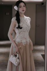 elvira Sequin lace crochet patchwork mesh maxi dress in brown