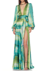 Green multicolor floral print puff sleeve maxi dress