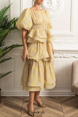 kristin Puff Sleeve Tiered Ruffle Midi Dress - Yellow