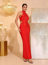 celeste 3d flower halter high slit backless maxi Dress in red